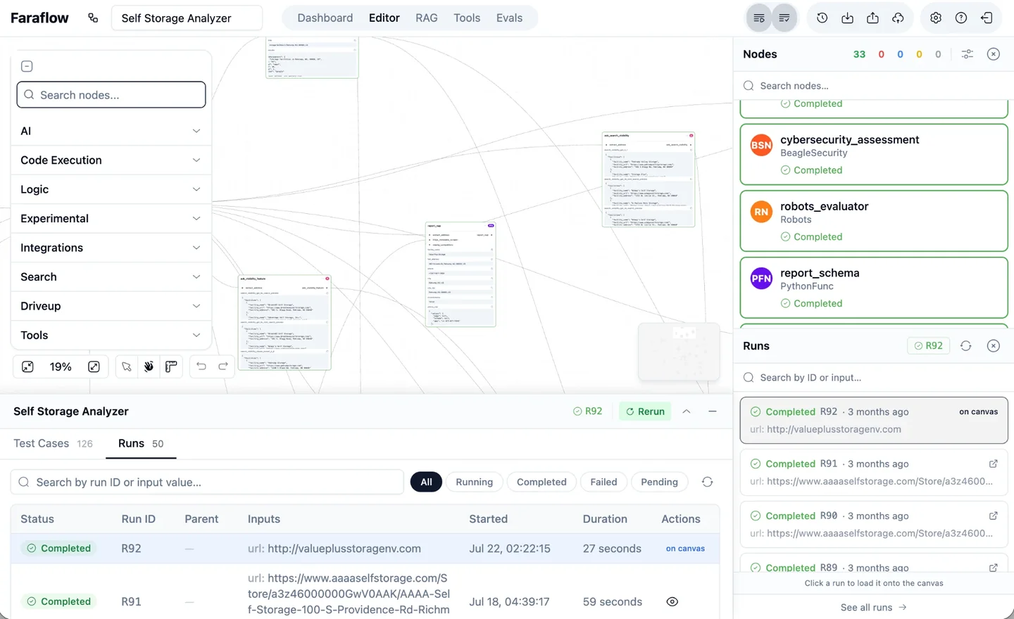 The Faraflow studio: a workflow graph, the nodes panel with each node's status, and the runs panel